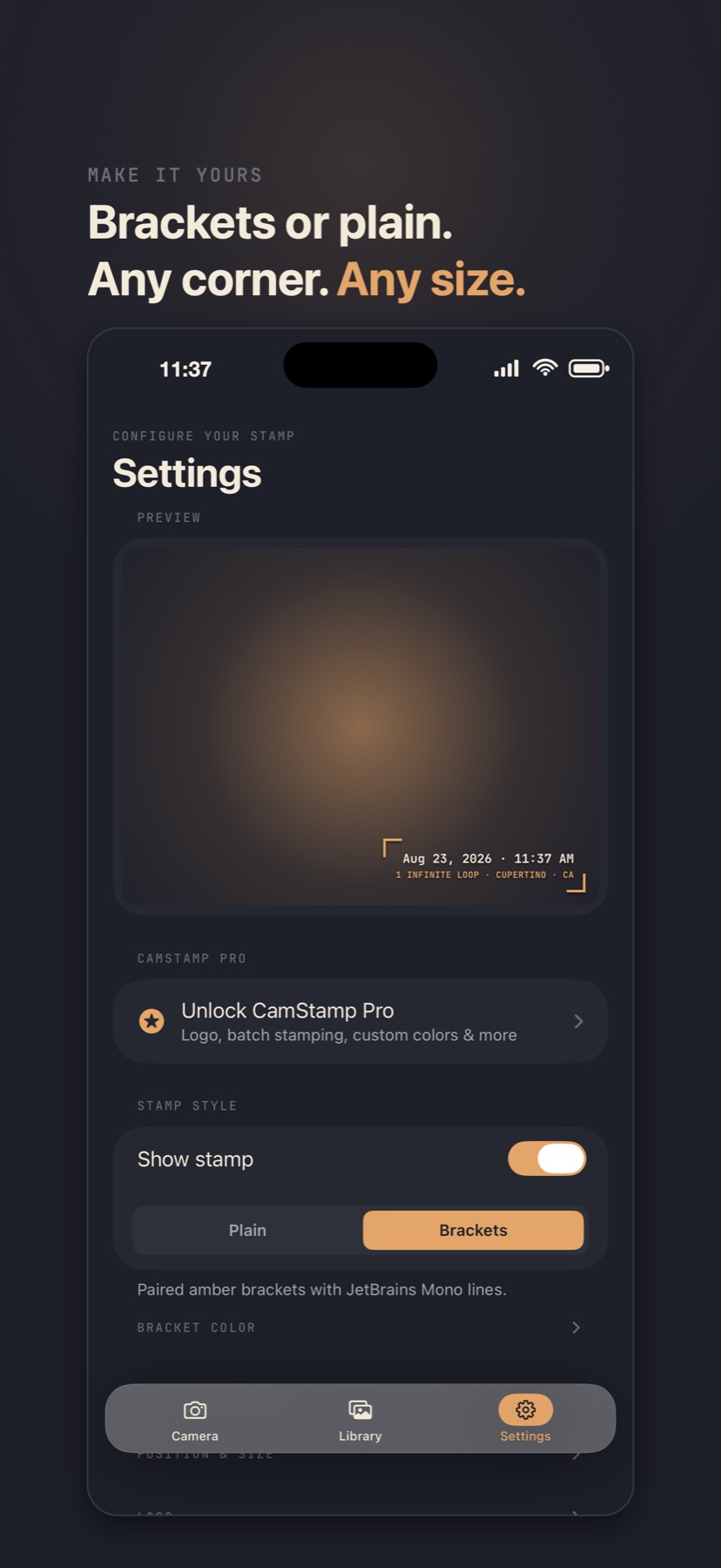 CamStamp settings for bracket style, corner, and stamp size