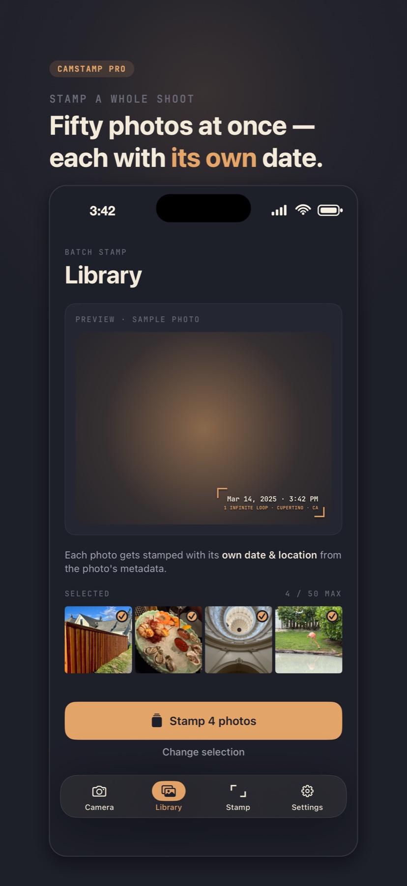 CamStamp batch stamping multiple photos with their individual dates