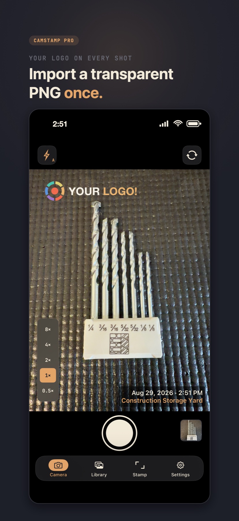 CamStamp camera adding a custom logo to a stamped photo