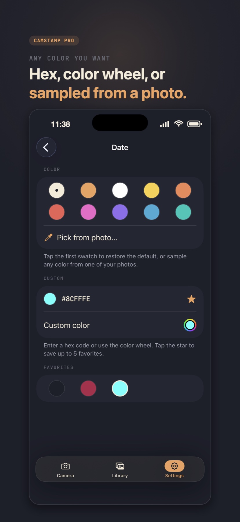 CamStamp color controls with presets, a hex value, and photo sampling
