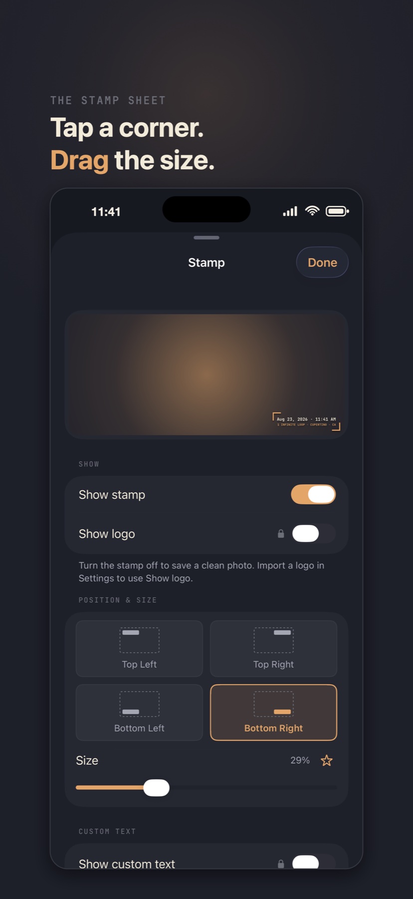 CamStamp controls for selecting the stamp corner and size