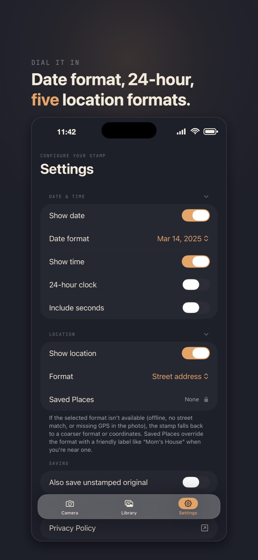 CamStamp date, time, and location formatting settings
