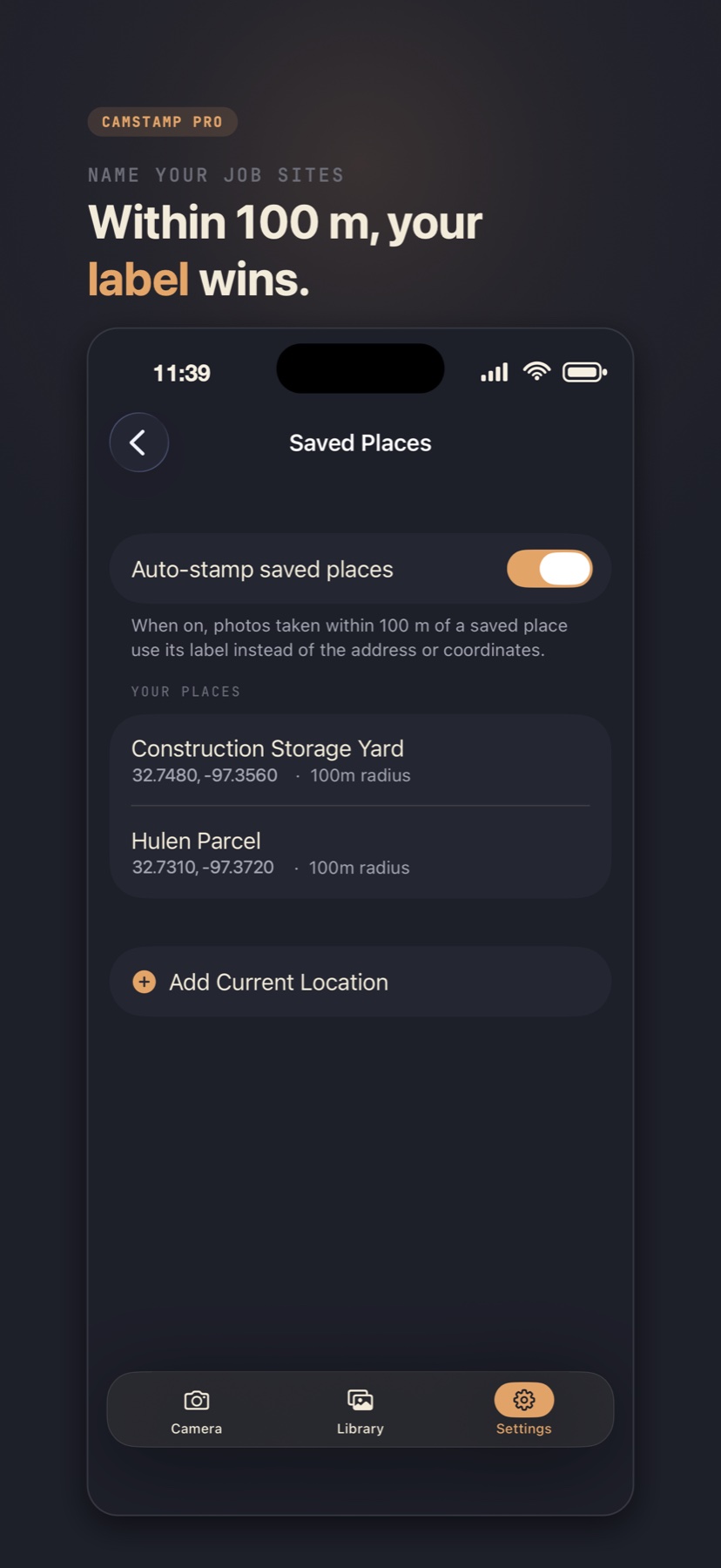 CamStamp saved places using friendly labels near selected locations