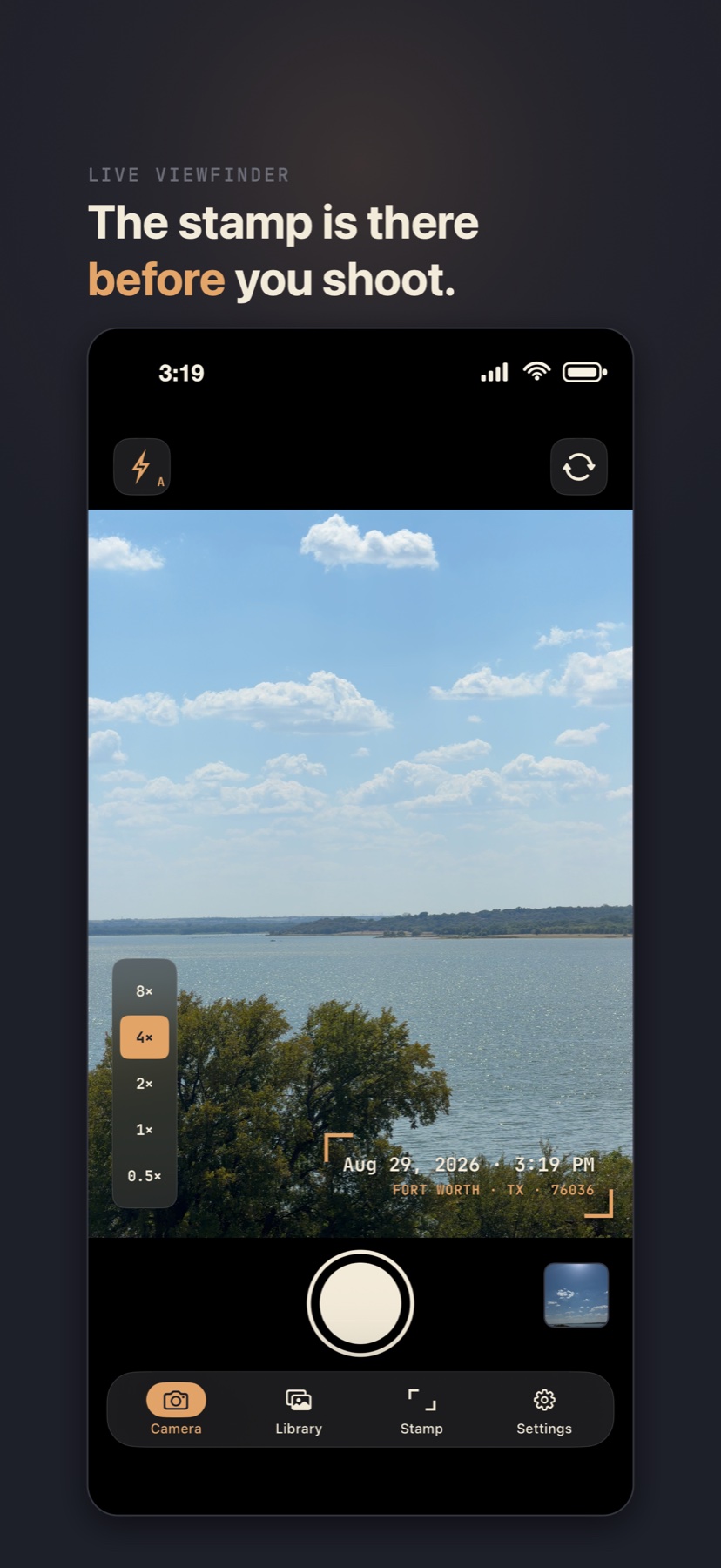 CamStamp live viewfinder showing a date and location stamp before capture